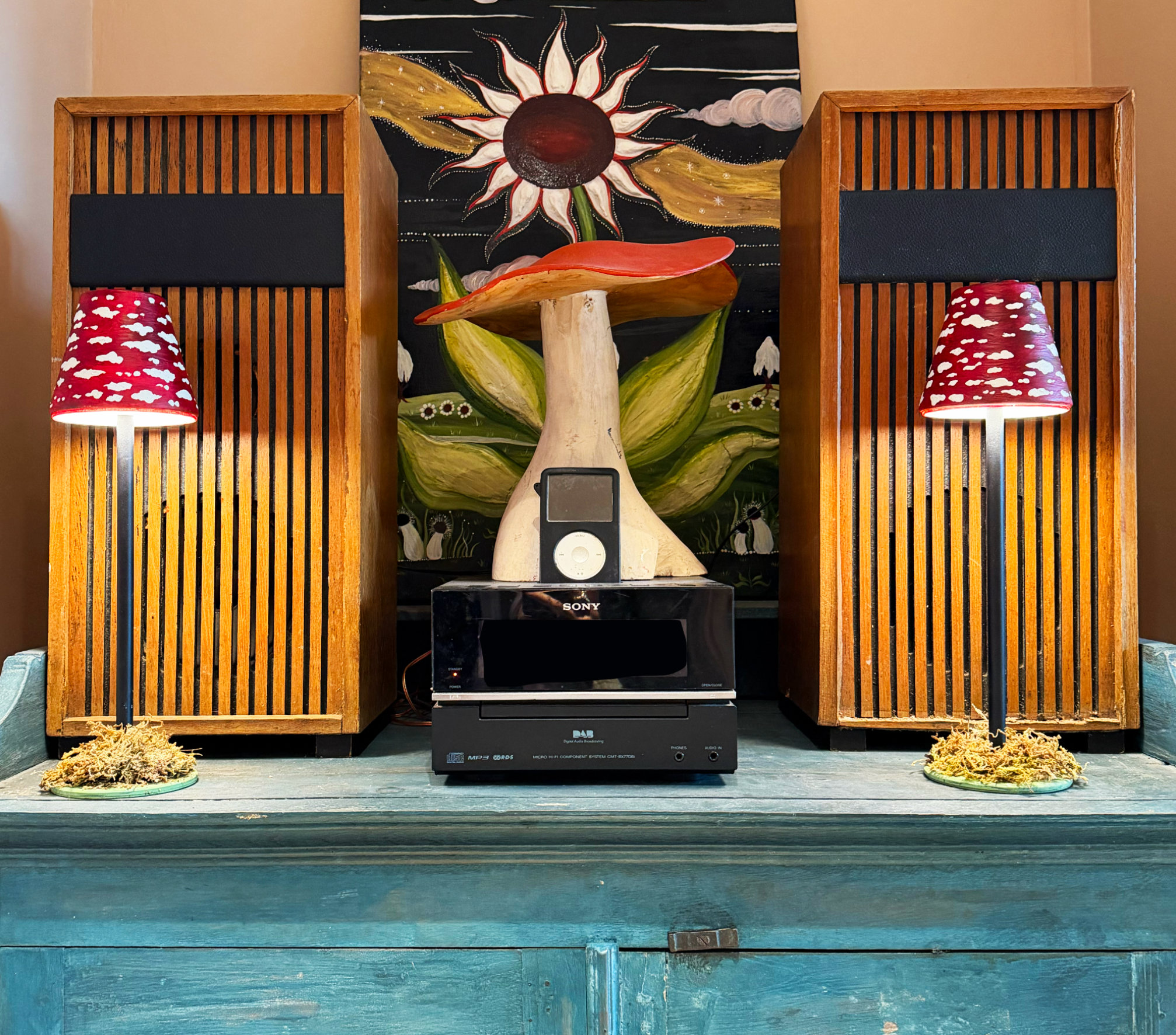 * Mushroom Table LED Lamp On a Moss Bed