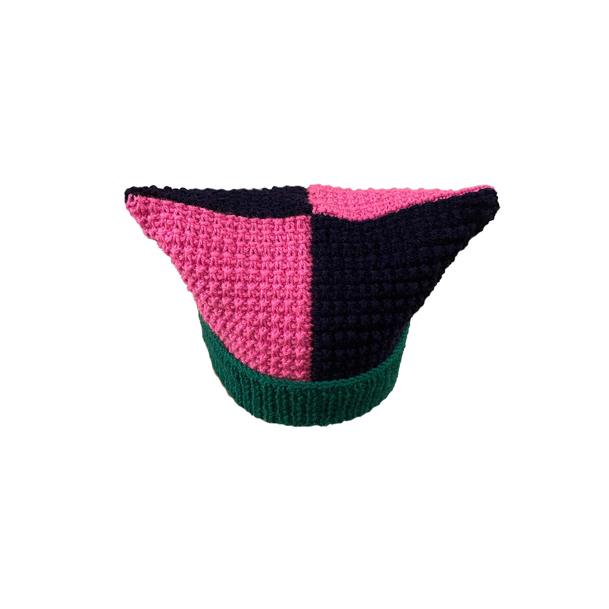 Knitted Jester Hat, Pink Back & Green